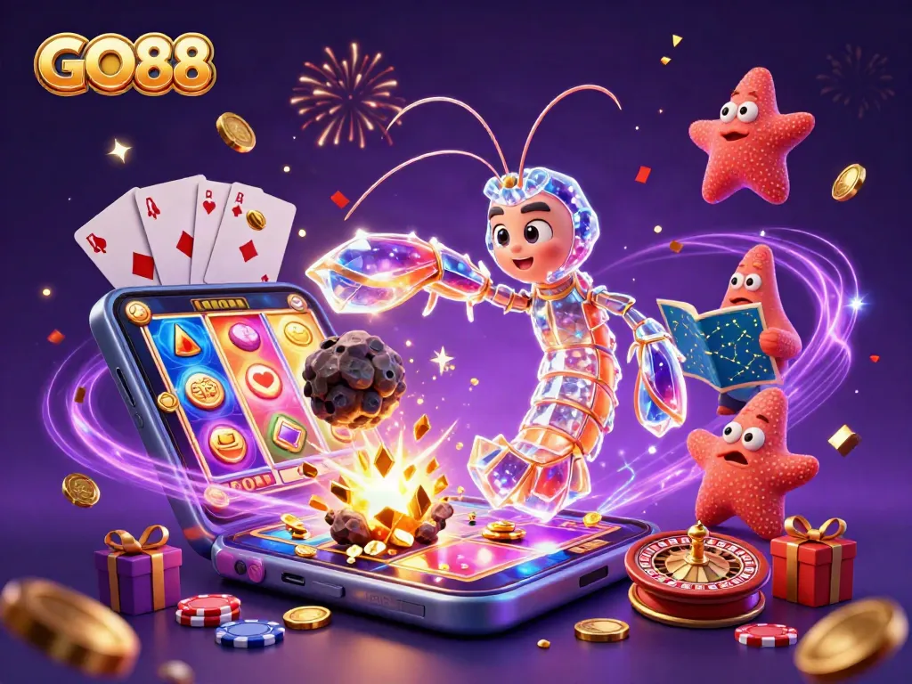 Experience GO88 with thrilling slot action and vibrant casino elements in a dynamic 3D gaming scene.