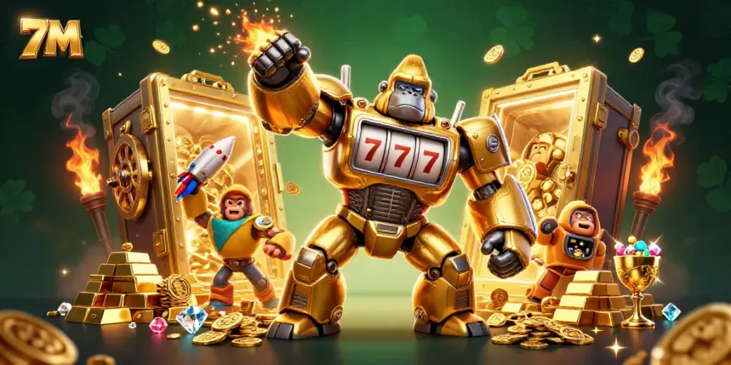 View a dynamic 3D scene featuring the 7M golden gorilla mech celebrating a jackpot explosion in a thrilling casino backdrop.