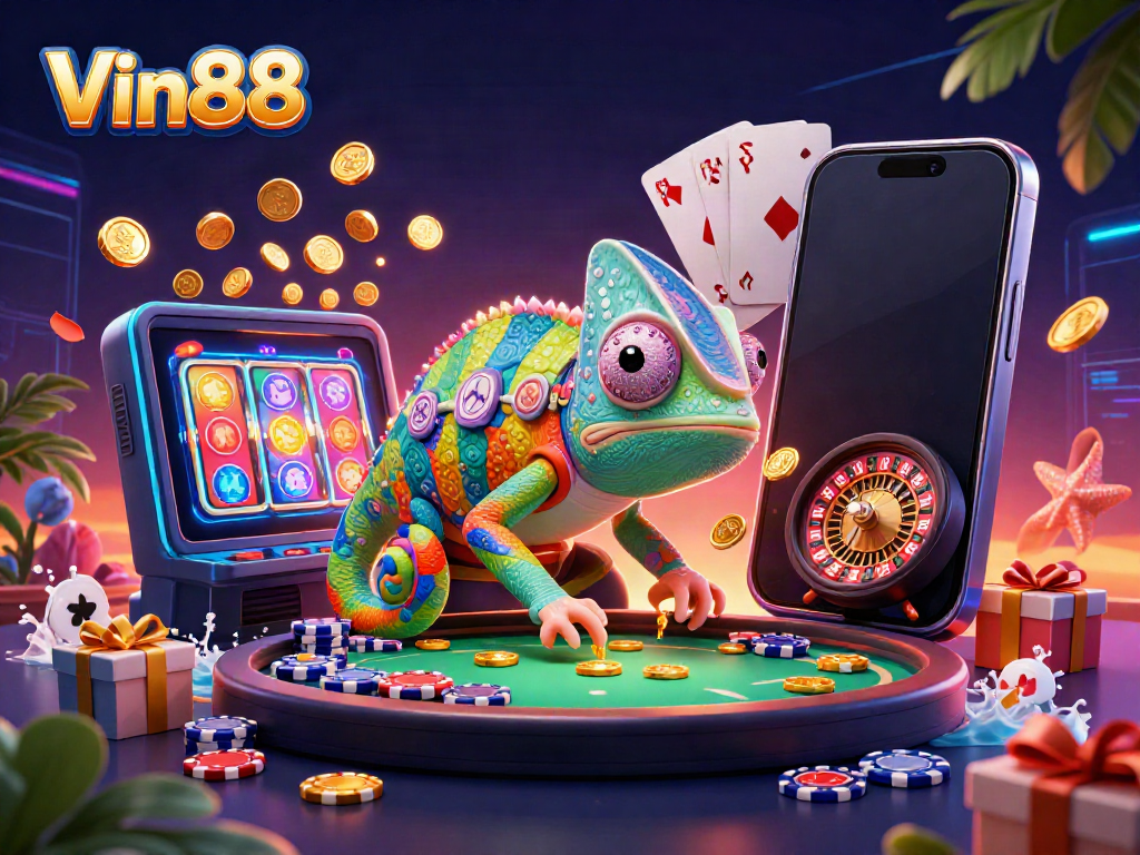 Engage with Vin88 as the chameleon owner captures golden coins in a vibrant casino scene.