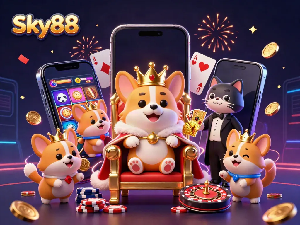 Experience thrilling gaming with Sky88's vibrant 3D casino visuals showcasing slots and friendly characters.