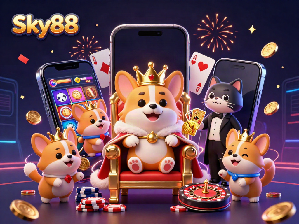 Experience thrilling gaming with Sky88's vibrant 3D casino visuals showcasing slots and friendly characters.