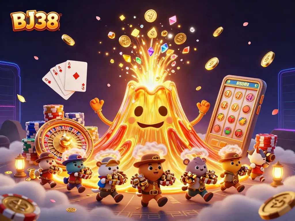 Win big with BJ38's thrilling slots and casino treasures in a vibrant 3D casino illustration.