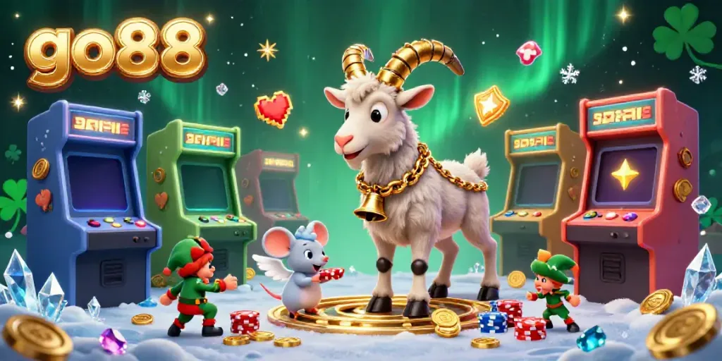 Engage with the exciting atmosphere of go88, featuring a festive Krampus managing a holiday-horror casino with playful elves stealing chips amidst glowing arcade machines.