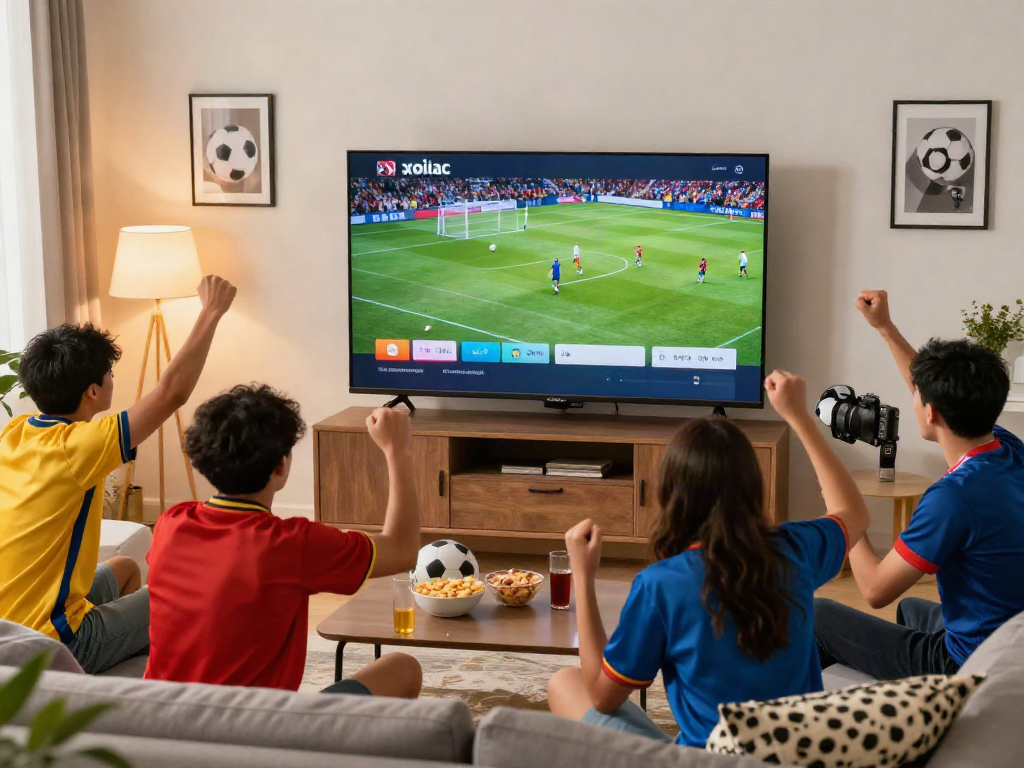 Xoilactv live football match viewing party in a vibrant living room with friends cheering.