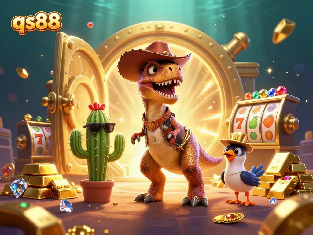 Spin the reels at qs88 with a dynamic scene of treasures, characters, and vibrant casino elements.