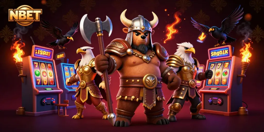 Engage in vibrant gaming excitement at NBET with a richly detailed 3D illustration of a Viking berserker bear and Valkyrie.