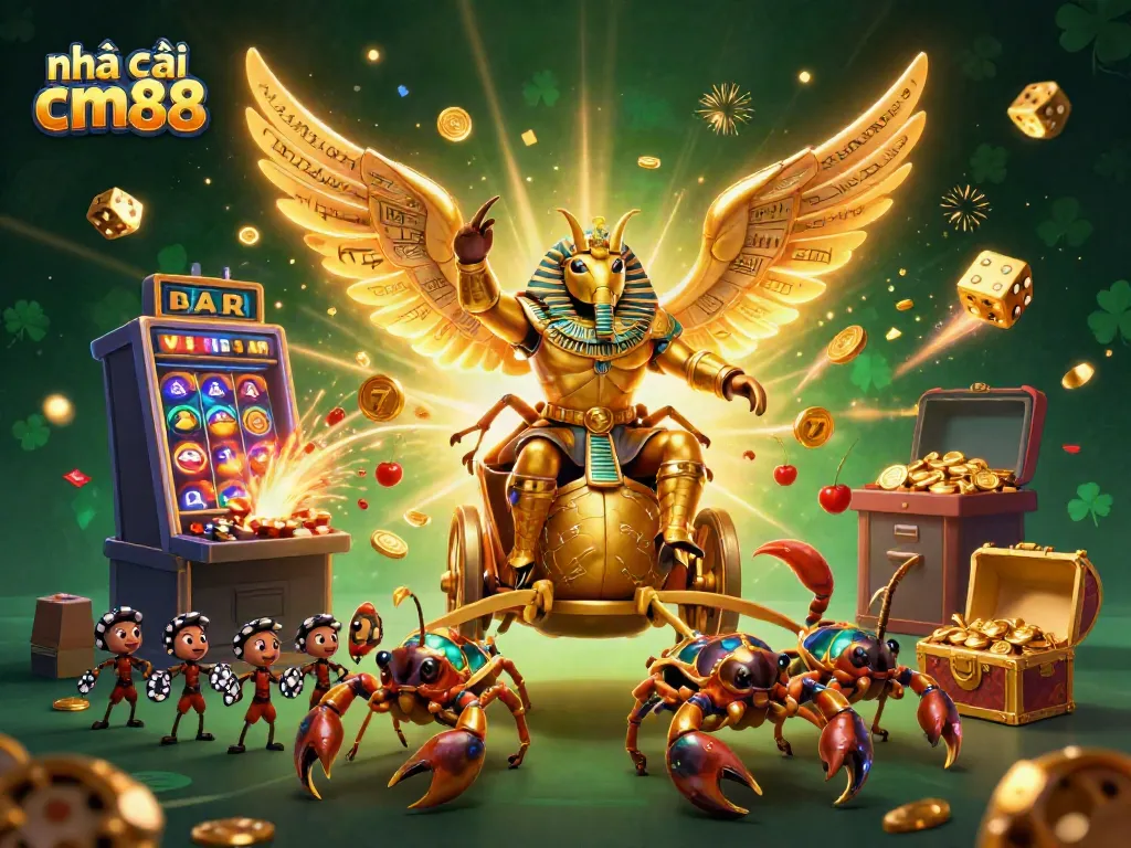 Engage with the vibrant scene showcasing nhà cái cm88, featuring a golden scarab beetle, scorpions, and explosive casino elements.