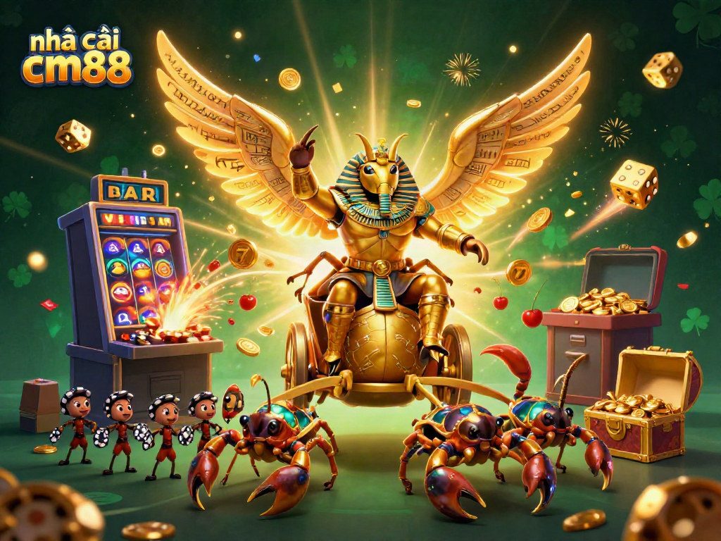 Engage with the vibrant scene showcasing nhà cái cm88, featuring a golden scarab beetle, scorpions, and explosive casino elements.