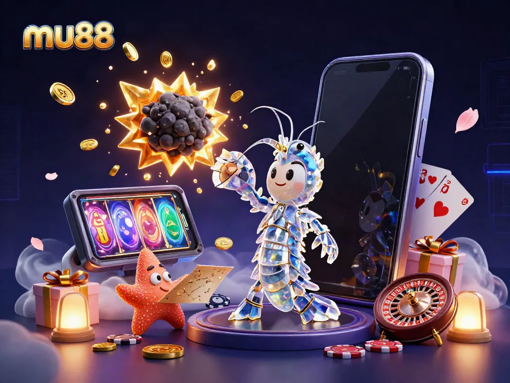 mu88 showcases a galactic samurai shrimp breaking an asteroid and revealing golden gems in a vibrant casino scene