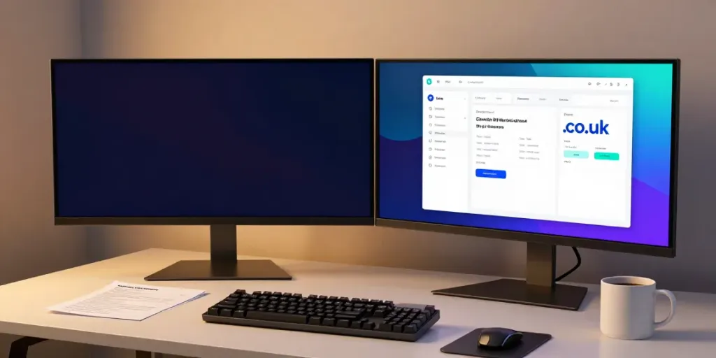 Buy .co.uk domain in a modern software development workspace with sleek tech setup.