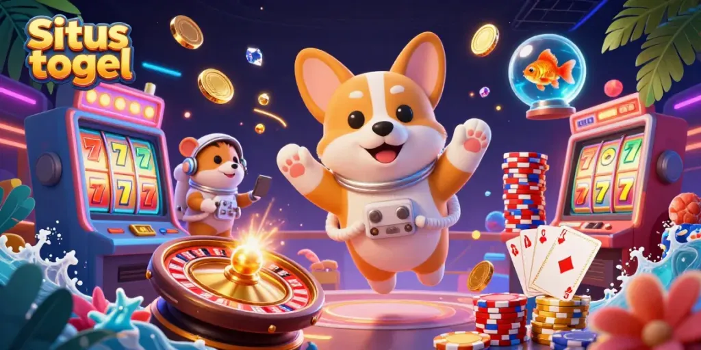 Situs togel-themed illustration of an astronaut corgi floating in a vibrant casino filled with slot machines, coins, and poker chips.