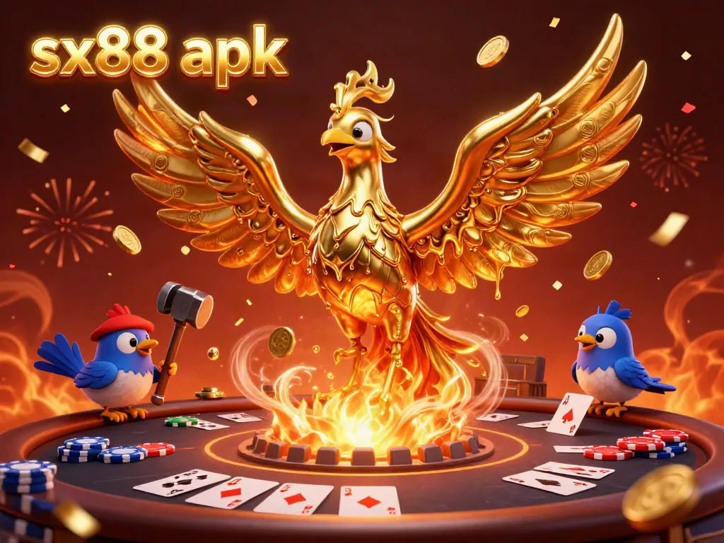 Experience dynamic gameplay with sx88 apk featuring a golden phoenix and lively poker elements.