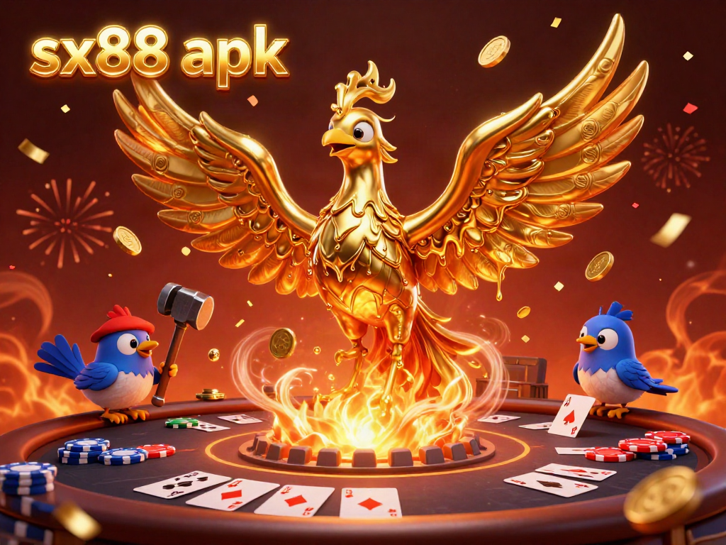 Experience dynamic gameplay with sx88 apk featuring a golden phoenix and lively poker elements.