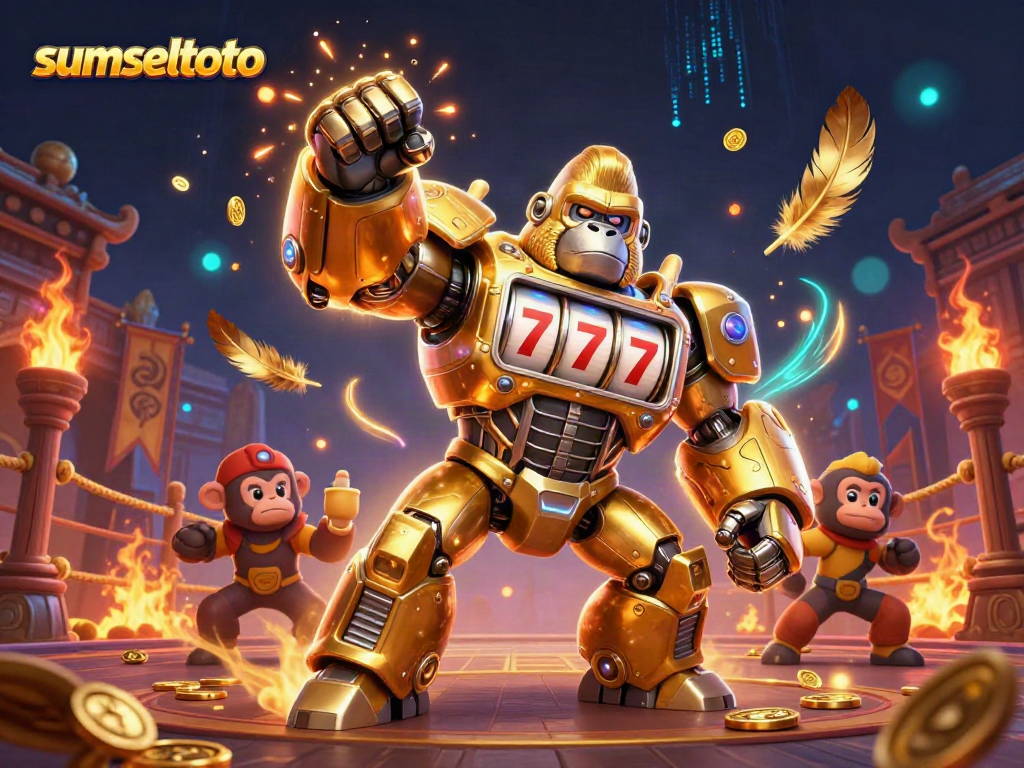 Experience the thrilling action of sumseltoto with a powerful golden gorilla mech smashing through a casino-themed arena.