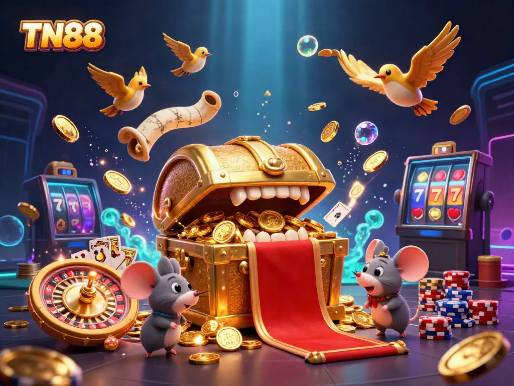 Experience the thrill of TN88 with vibrant winnings, featuring a 3D treasure chest and casino elements.