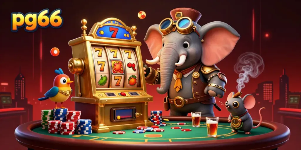 Experience thrilling gaming action at pg66 with a steampunk-themed slot machine scene.