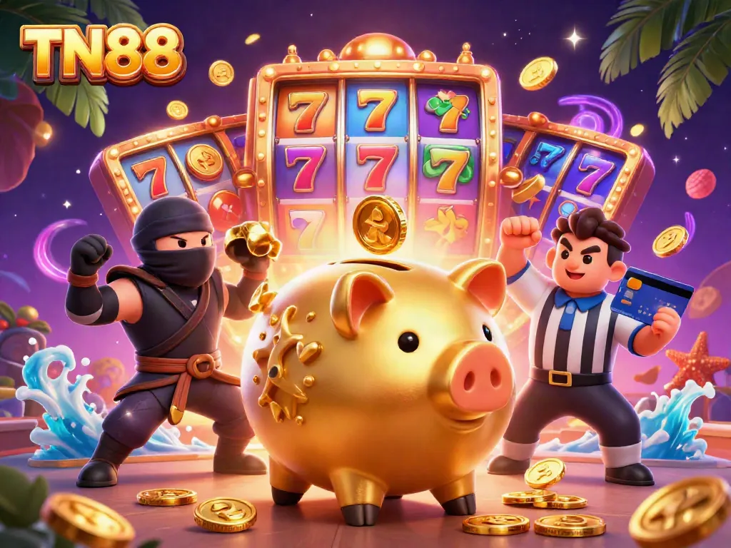 Engage in vibrant slot gaming excitement with TN88 as a golden sumo piggy bank unleashes coins.