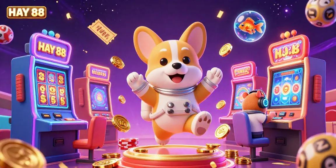 Play exciting games at HAY 88 with a joyful astronaut corgi in a lively casino scene full of fun elements.
