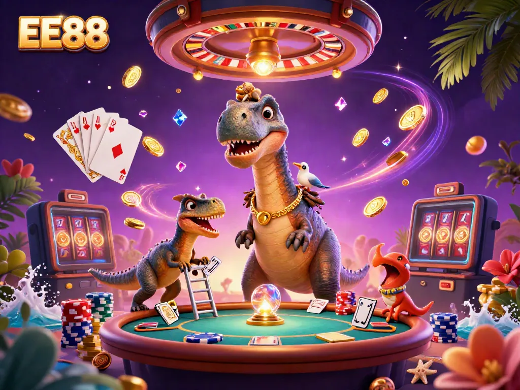 Experience EE88 with a vibrant casino scene featuring a brontosaurus and raptor dealing cards amidst flying coins.