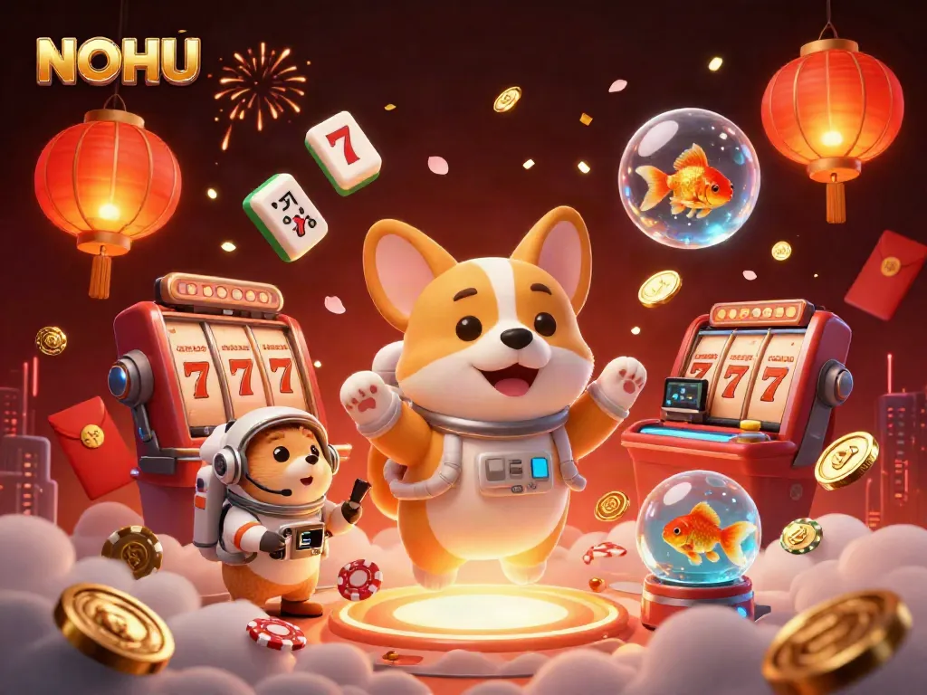 Experience thrilling gameplay with NOHU in a dynamic space casino scene featuring playful characters and vibrant gaming elements.