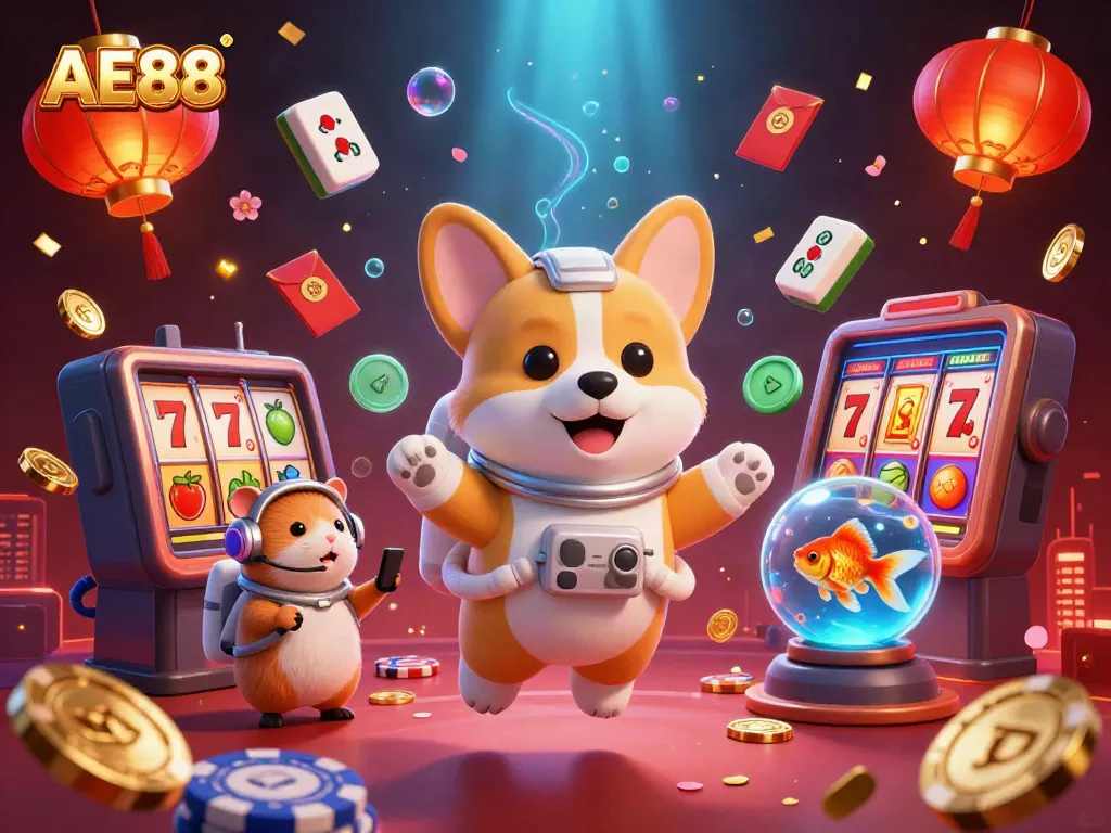 Experience thrill with AE88 in this lively casino scene featuring a cartoon astronaut corgi.