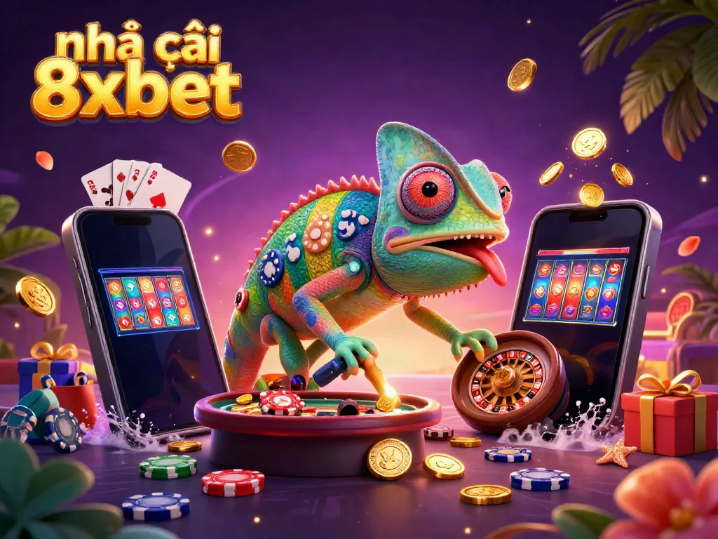 Engage in vibrant gameplay with nhà cái 8xbet, featuring a chameleon casino owner amidst thrilling casino elements.