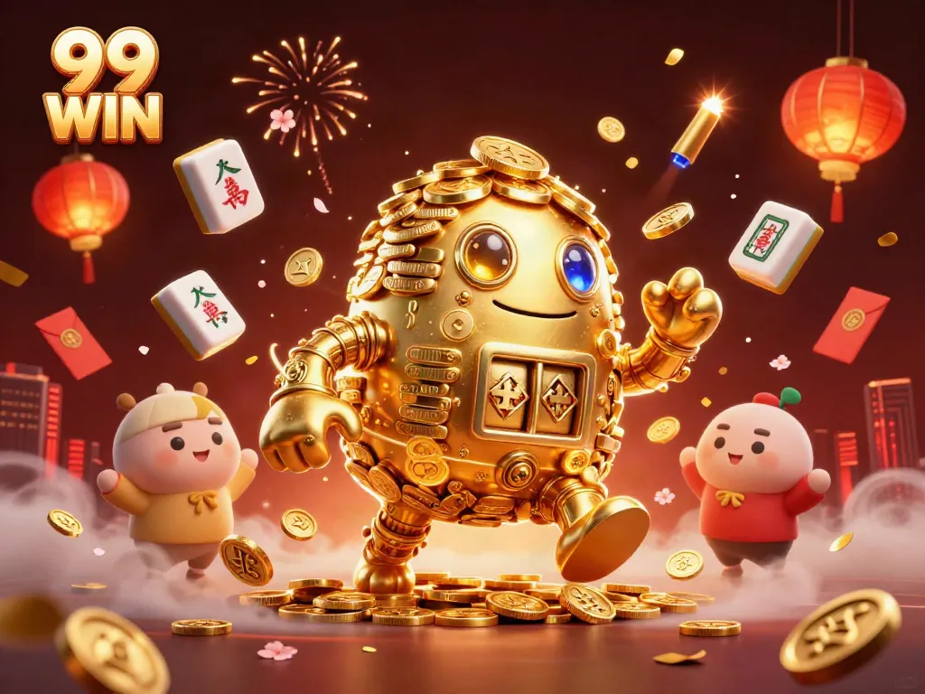 Experience the thrilling excitement of 99 WIN with a vibrant illustration showcasing a golden golem amidst dynamic casino elements.