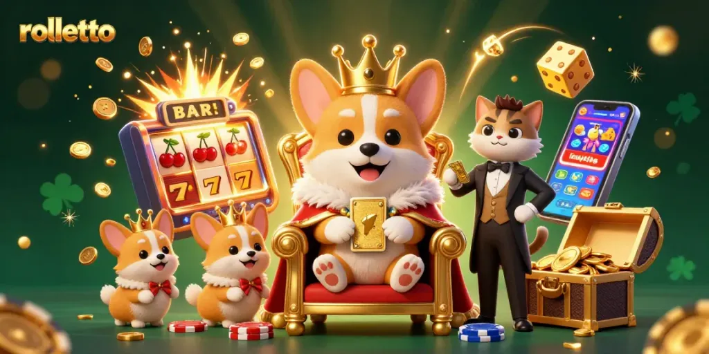 Experience rolletto's vibrant casino adventures with a whimsical corgi throne scene full of excitement.