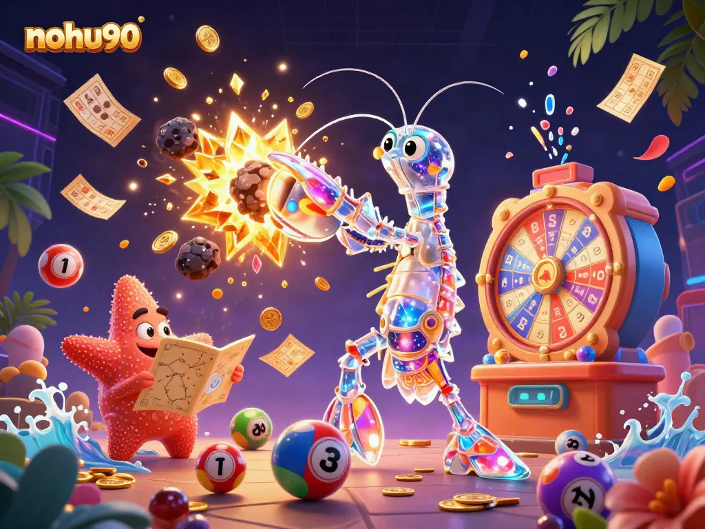 Nohu90 features a vibrant 3D scene of a cartoon mantis shrimp and starfish amidst falling lottery elements.