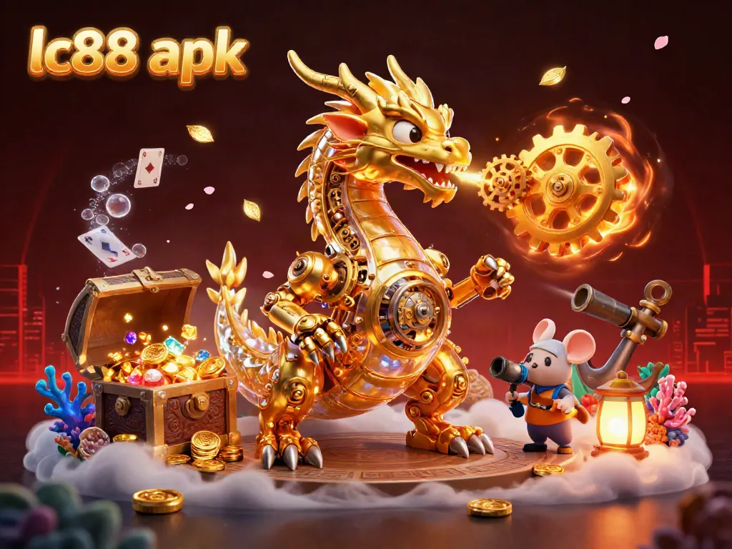 Experience the thrill of gaming with the lc88 apk in a vibrant, visually rich scene featuring a golden dragon and treasure.