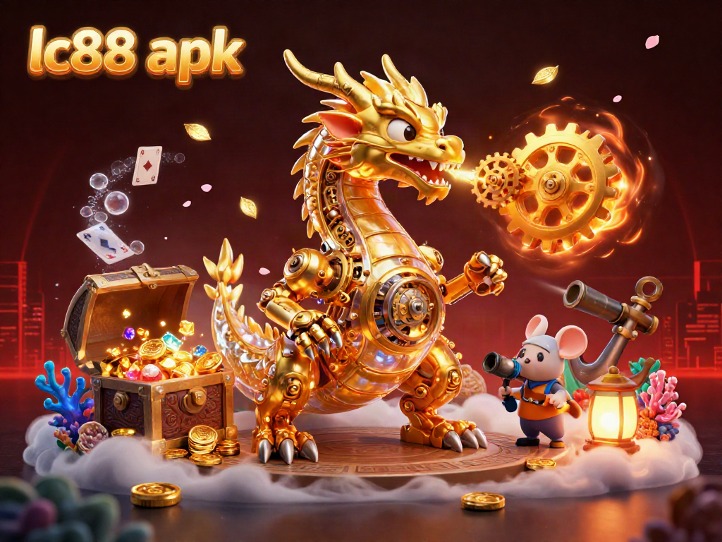 Experience the thrill of gaming with the lc88 apk in a vibrant, visually rich scene featuring a golden dragon and treasure.