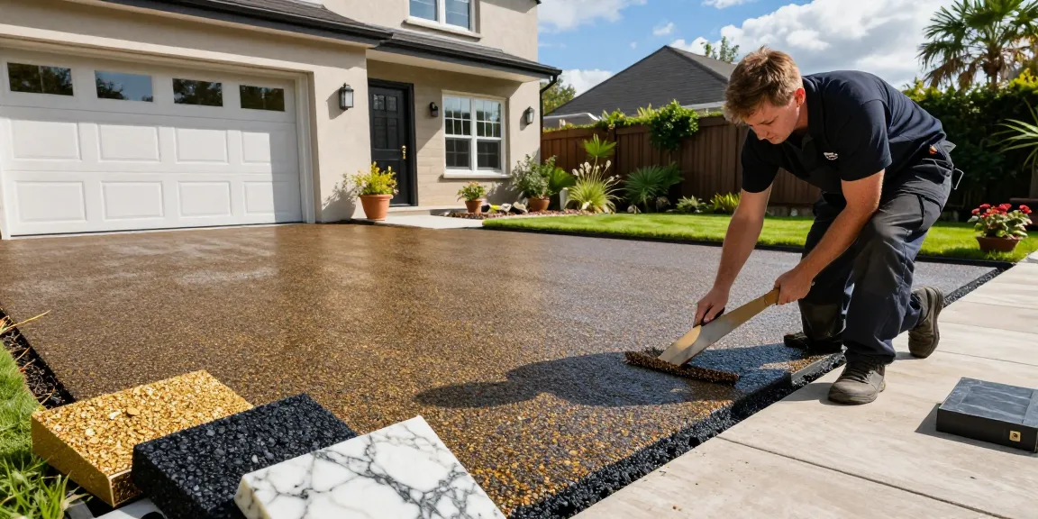 Resin driveways Dublin installation with natural aggregates and installer at work.