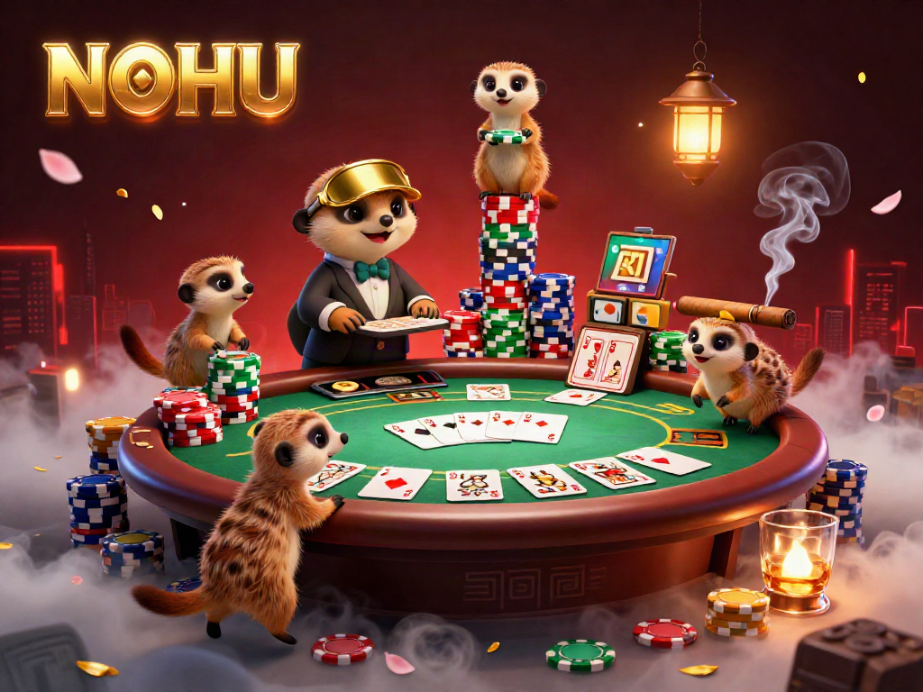 NOHU meerkats run a vibrant casino scene, showcasing poker chips and dramatic gameplay.