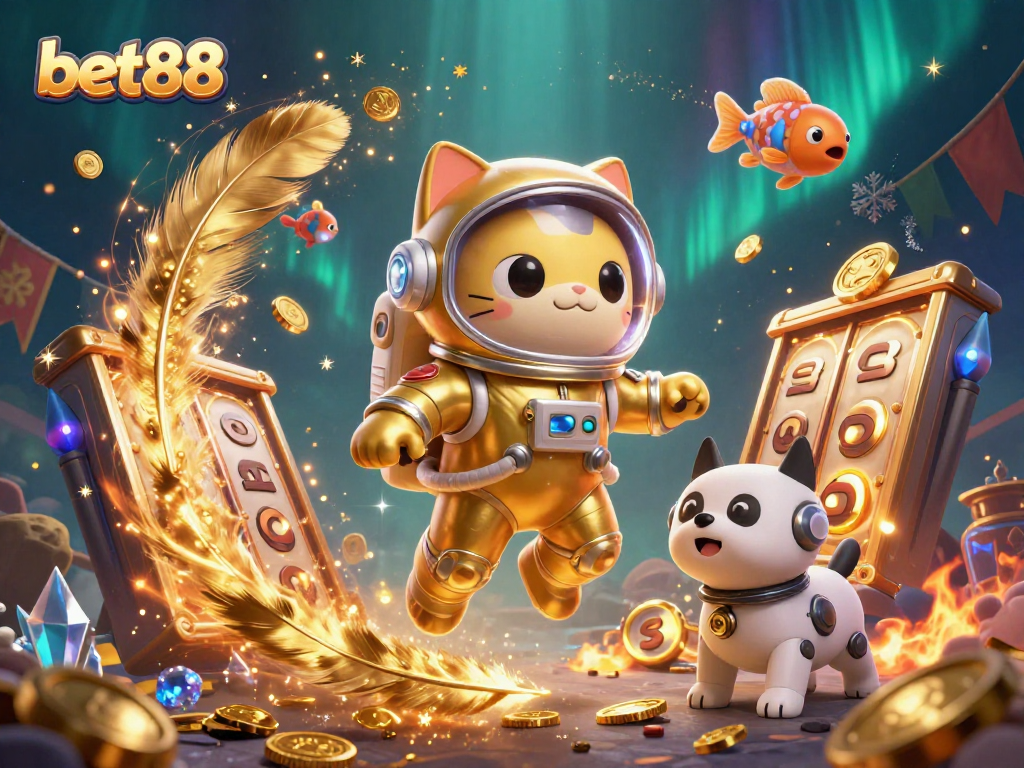 Experience big wins at bet88 with this vibrant casino-themed illustration featuring a golden astronaut cat and energetic gameplay.
