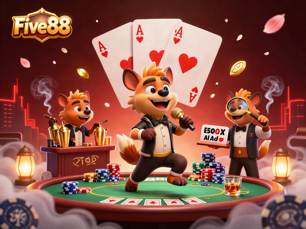 Hyenas entertaining in a vibrant Five88 casino scene filled with colorful gambling elements.