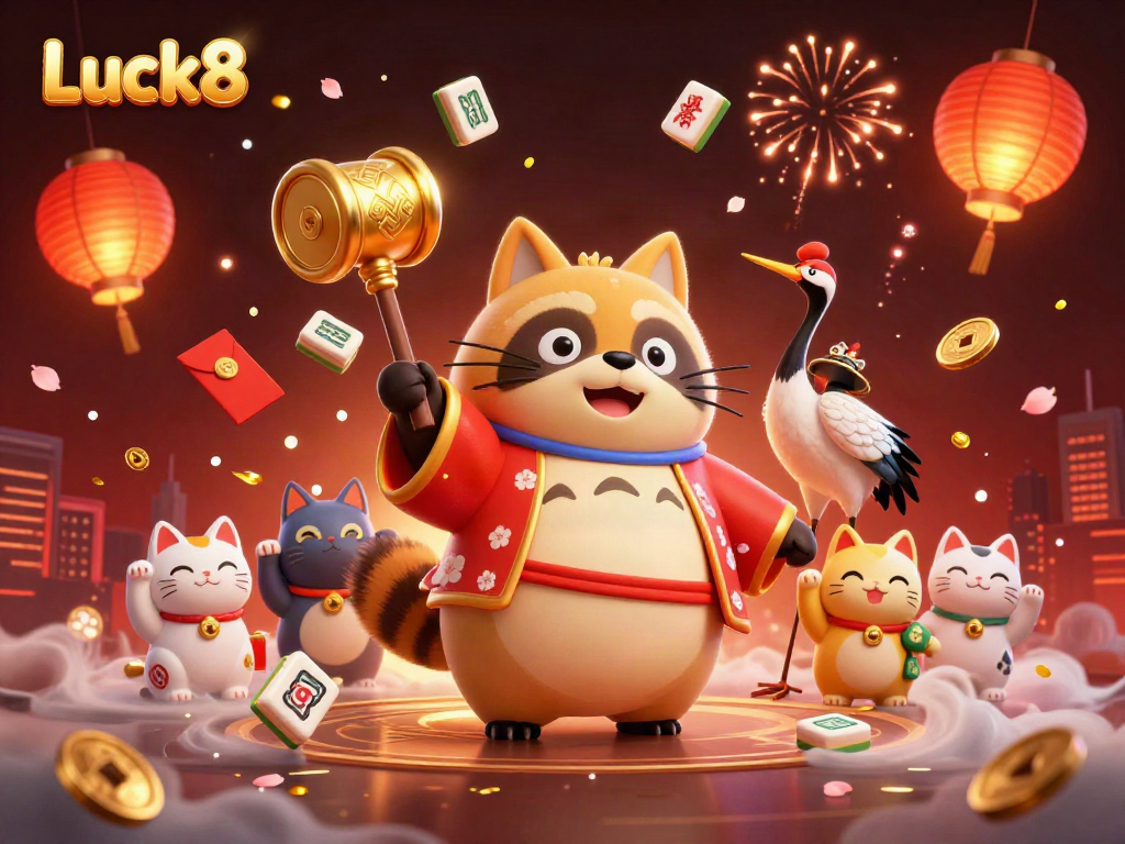 Luck8 features a cheerful tanuki and crane amidst festive elements, showcasing a vibrant online casino atmosphere.