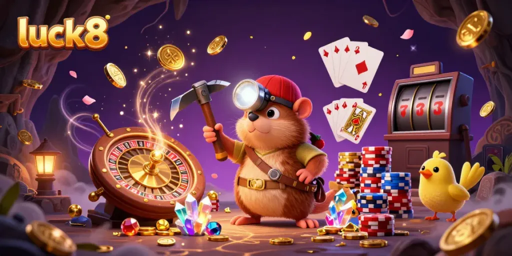 Engage with luck8's vibrant casino adventure featuring a treasure hunter mole amidst gold and jewels.