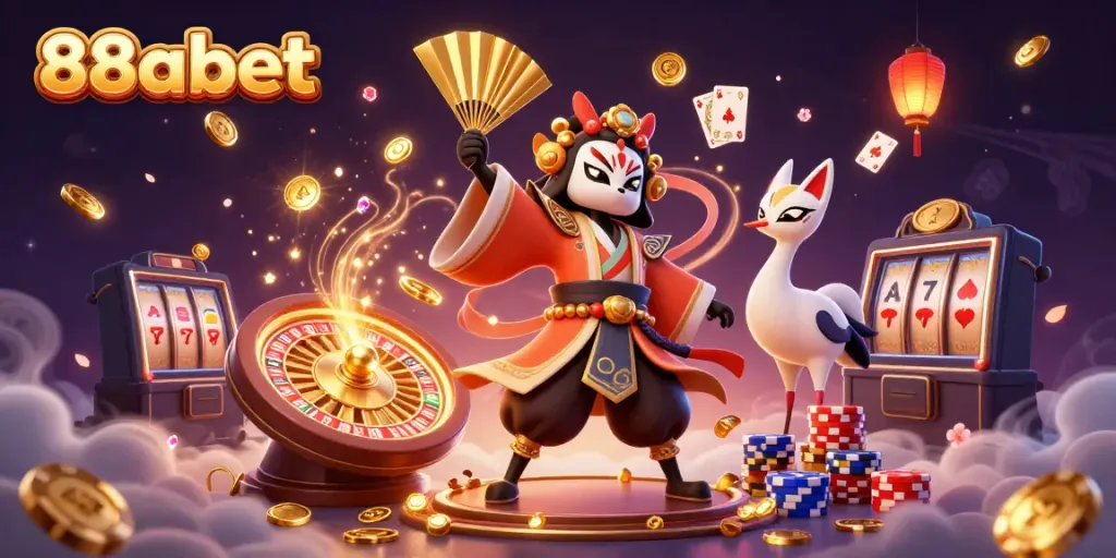 Engage with the thrilling world of 88abet, where kabuki warriors and vibrant game elements create a captivating casino atmosphere.