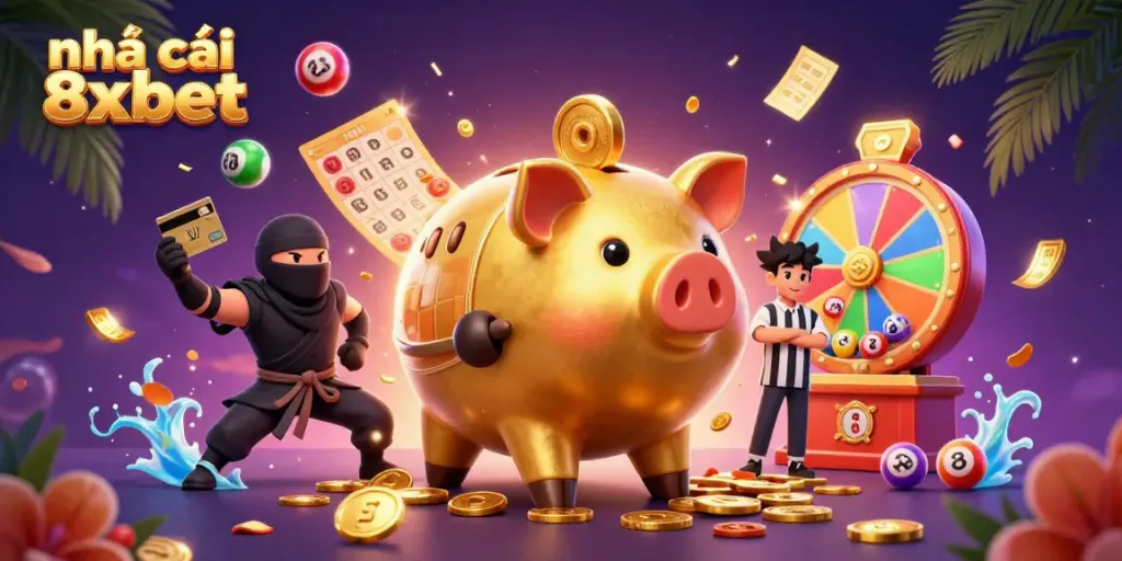 Experience the excitement with nhà cái 8xbet, featuring a dynamic casino scene with a golden piggy bank sumo wrestler.
