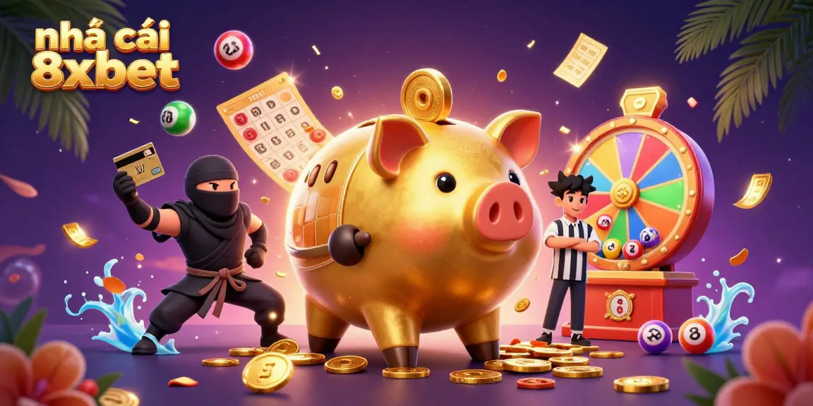 Experience the excitement with nhà cái 8xbet, featuring a dynamic casino scene with a golden piggy bank sumo wrestler.