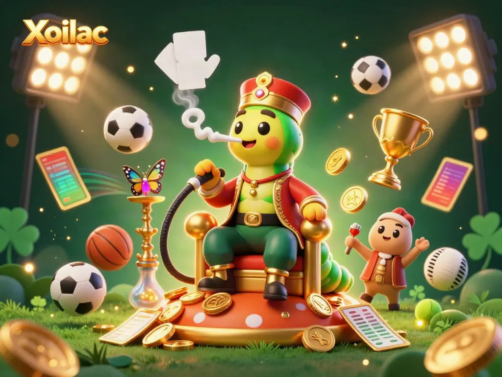 Xoilac showcases a lively gambling scene with a charismatic caterpillar master and dynamic sports elements.