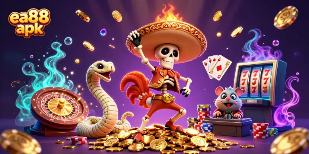 Experience the excitement of ea88 apk with vibrant casino elements and animated characters celebrating wins.