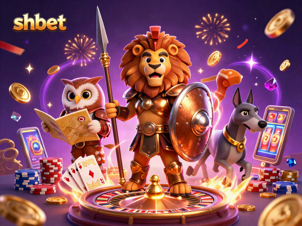 Experience shbet thrills with a dynamic 3D casino scene filled with vibrant elements and characters.