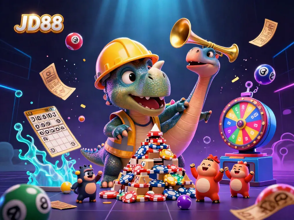 Experience the vibrant world of JD88 where playful dinosaurs celebrate casino fun with colorful lottery elements.