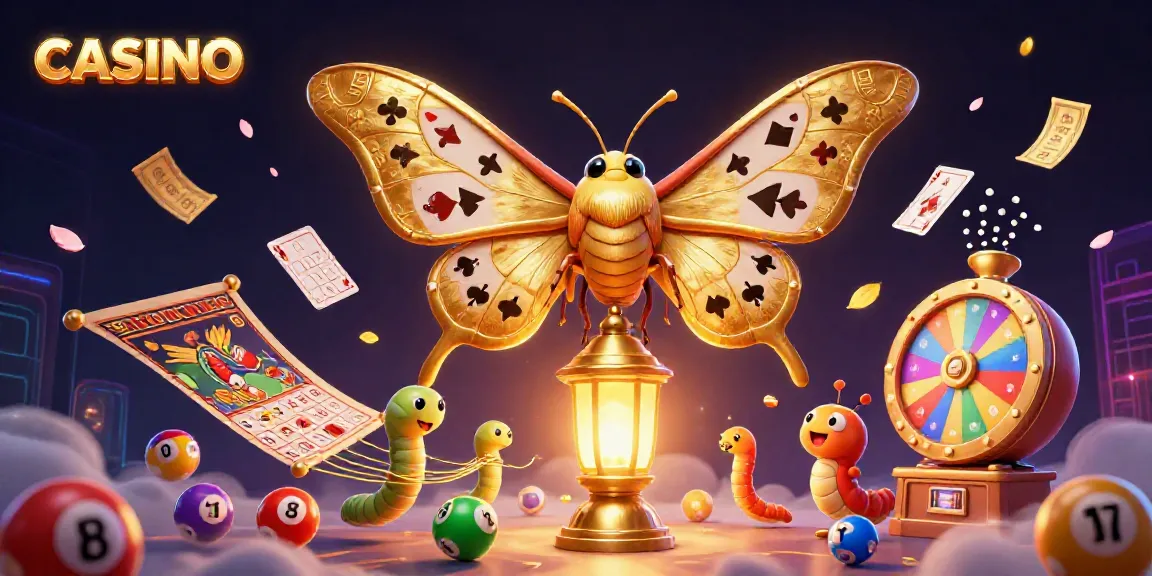 Engage in the CASINO experience with vibrant moths, golden lanterns, and dynamic game elements.