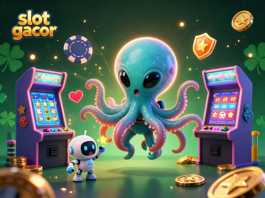 Spin the slot gacor machine alongside an alien octopus and a beeping robot in a vibrant casino galaxy.