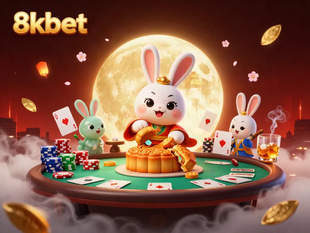 Play poker with 8xbet’s moon rabbit revealing chips inside mooncakes, a vibrant casino scene.