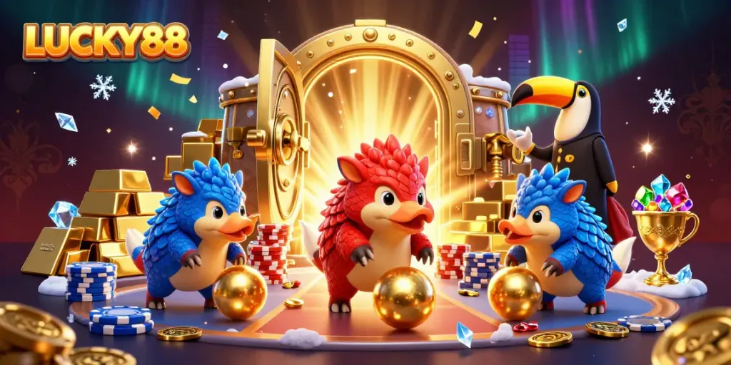 LUCKY88 pangolins bowling through poker chips amidst a vibrant casino setting
