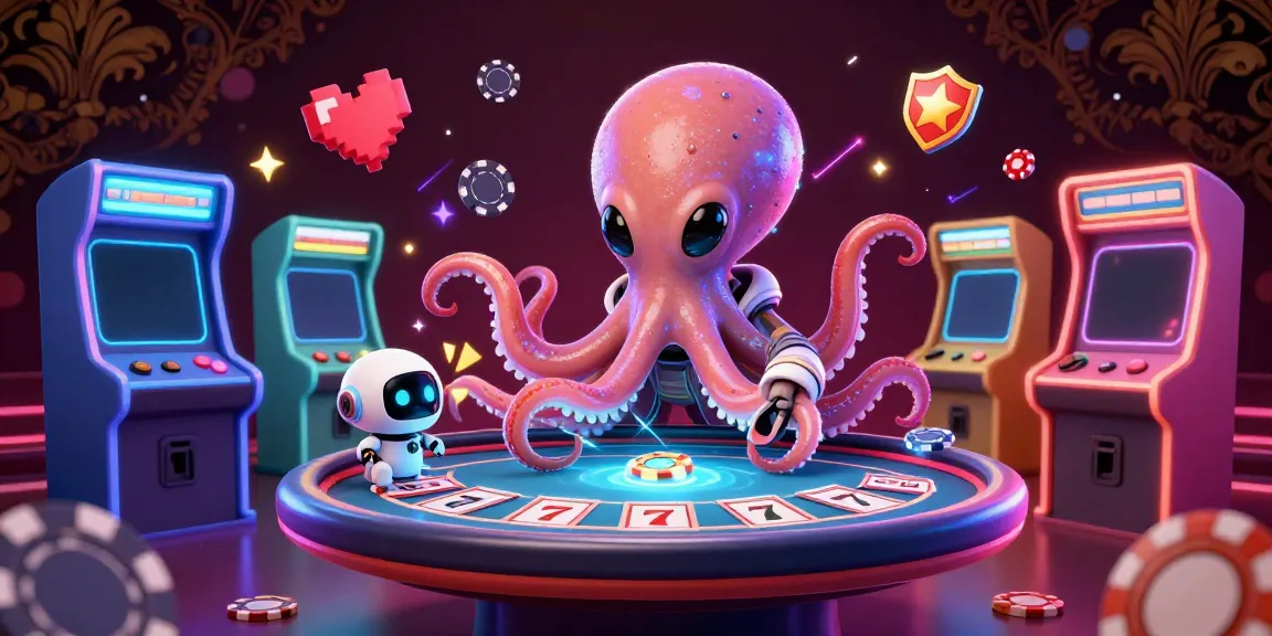 LLWIN's vibrant casino world featuring an alien octopus at a poker table with colorful gaming elements.