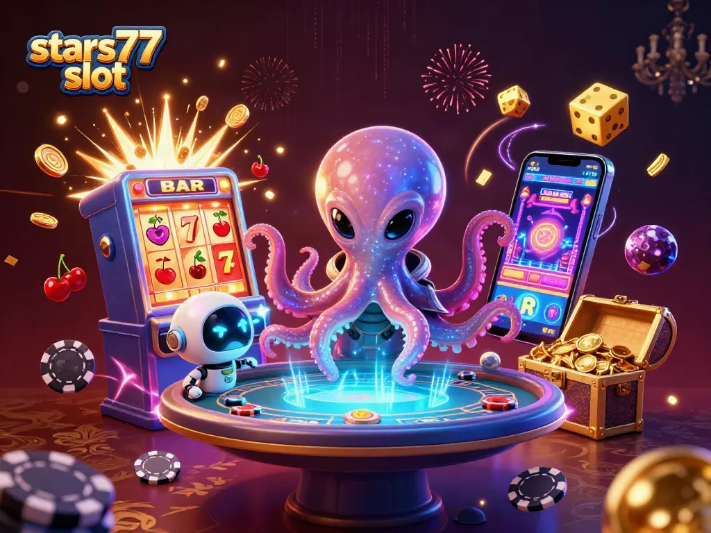 Tampilkan momen menarik bermain stars77 slot dengan alien gurita dan robot, simbol jackpot berkilauan.